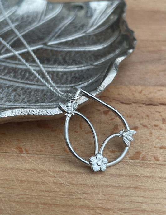 Handmade Sterling Silver Bee & Flower Necklace